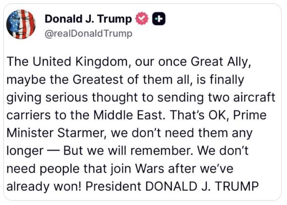 Trump responds to UK providing an aircraft carrier for Operation Epic Fury.
